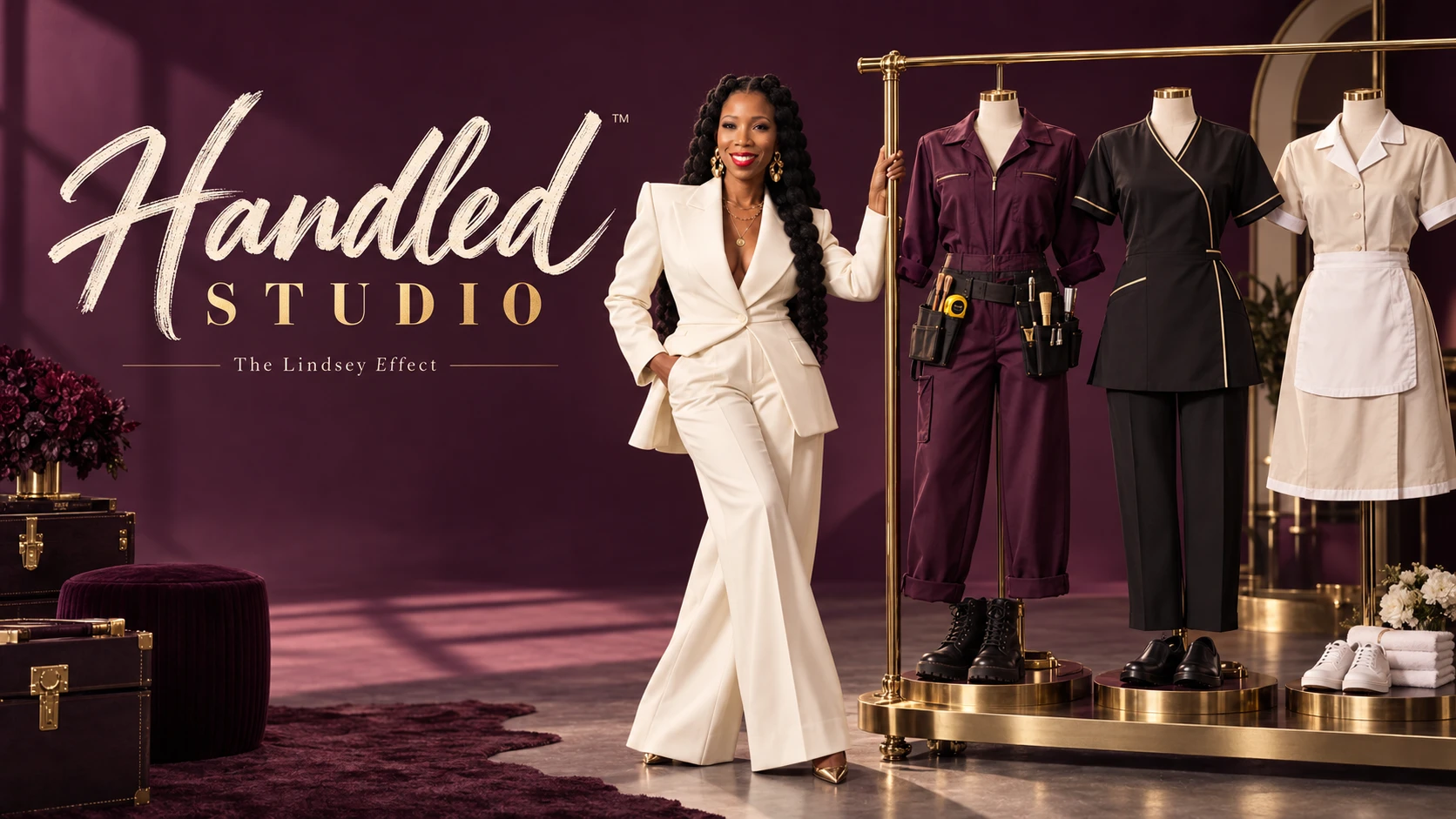 Handled Studio by The Lindsey Effect. A founder in an ivory suit stands beside a brass rail of industry uniforms, a plum work jumpsuit with a tool belt, a black tunic and a cream service dress, in a deep plum studio.